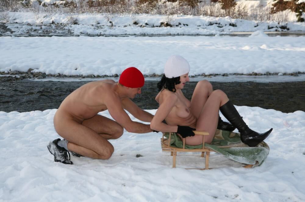 Naturist Girl Snow Day Couples Sled pics - A nude person strives for inner harmony and peace of mind